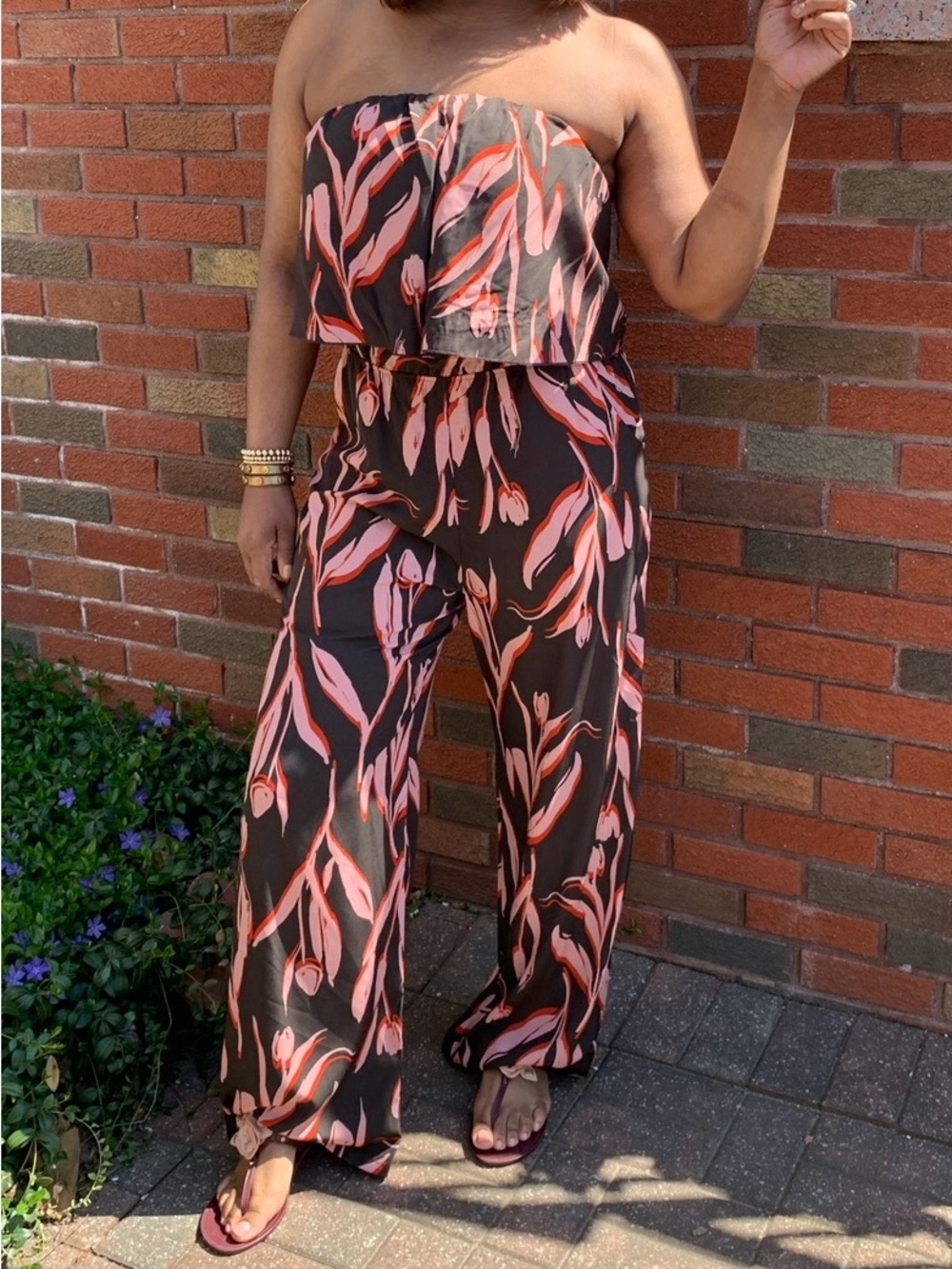 Strapless Wide-Leg Jumpsuit in Brown & Pink